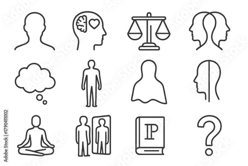Dualism Line Icons. Line style icons of Dualism Concepts: human silhouette, brain vs heart, scale balance, mind-body diagram;