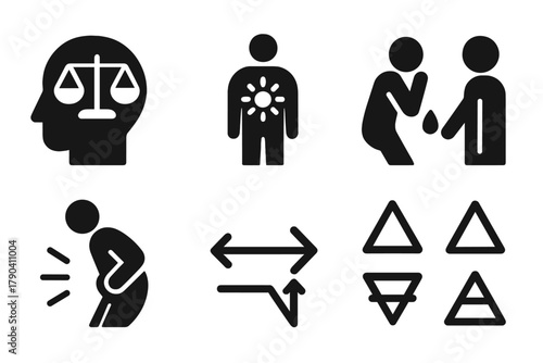 Vintage Medical Icons. Solid style icons of vintage medical beliefs: Humor Balance, Body Heat Symbol, Drawing Out Sickness, Purge