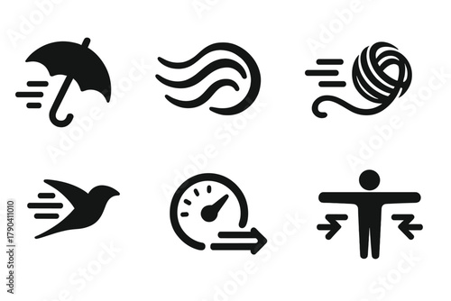 Dynamic Motion Icons. Solid style icons of swift in motion: Open Umbrella Shape, Twisting Lines, Spinning Symbol, Yarn Loop