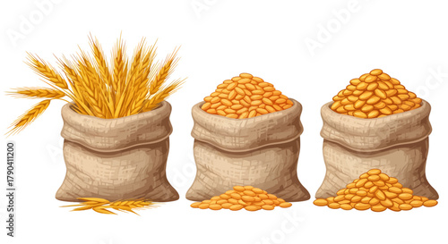 A set of vector burlap sacks, one filled with golden wheat sheaves and two overflowing with harvested grains or kernels