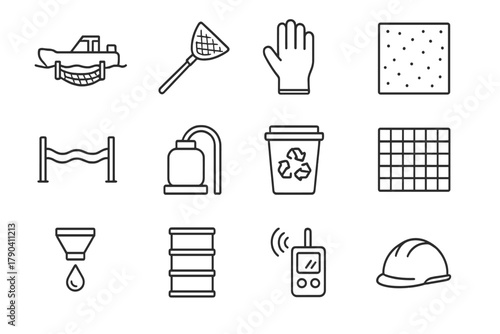 Environmental Cleanup Icons. Line style icons of Environmental Cleanup Tools: skimmer boat, trash net, glove, absorbent pad;