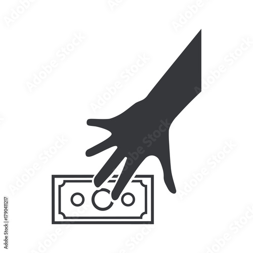 Isolated pictogram of a hand taking money, symbolizing charity, theft, payment, economic activity, and financial transaction concept.