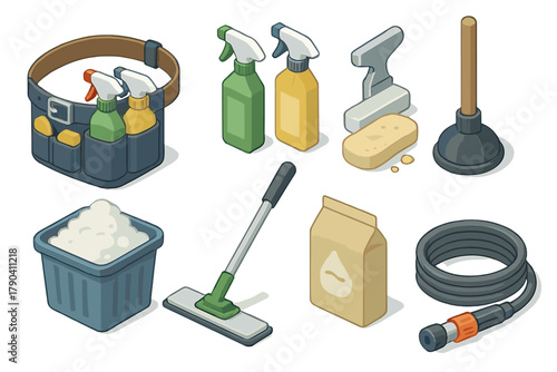 Isometric Cleaning Tools. Isometric vector illustration set of Cleaning Services: utility cleaning belt, labeled spray flasks,