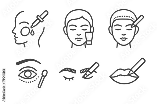 Cosmetic Tattoo Icons. Line style icons of cosmetic tattoo cover-ups: skin-tone correction icon, eyebrow tint mask, hairline