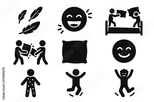 Pillow Fight Fun. Solid style icons of Pillow Fighting: Feathers, Laughter, Bed, Soft Combat, Pillow, Giggle, Pajamas, Jump, No