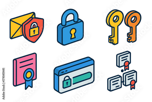 Data Privacy Icons. Isometric vector illustration set Data privacy – secure email envelope, encryption lock, public key; private