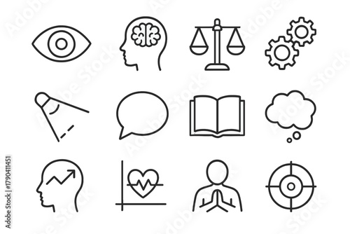 Mental Processes Icons. Line style icons of Mental Processes: perception eye, memory icon, decision scale, reasoning gears;