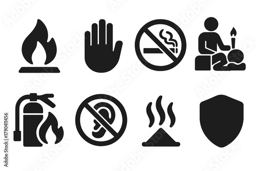 Ear Candling Safety Icons. Solid style icons of safety and caution in ear candling: Flame Warning, Stop Hand, No Smoke Icon,