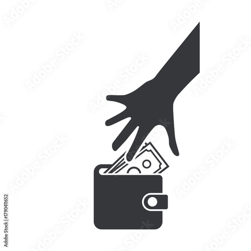Isolated pictogram of a hand taking money from a wallet, symbolizing theft, pickpocketing, expense, and financial loss warning.