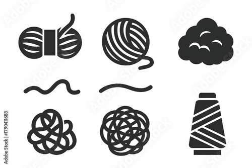 Yarn Icon Set. Solid style icons of yarn and wool handling: Wool Skein, Yarn Ball, Twisted Fiber, Loose Strand, Winding Trail,