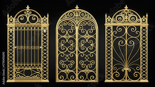 Ornate gold metal gates with intricate scrollwork designs