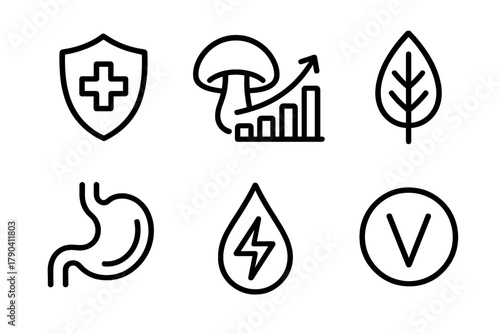 Mushroom Health Icons. Line style icons of Health Benefits of Mushrooms: immune boost icon, anti-inflammatory chart, adaptogen