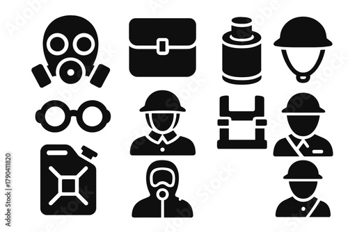 Retro Military Icons. Solid style icons of Retro Military Equipment: Gasmask, Bag, Filter, Eye Pieces, WWI, Straps, Canister,