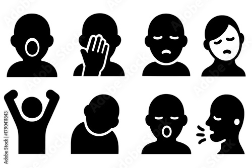 Yawning Icons. Solid style icons of yawning contagion behavior: Open Mouth Yawn, Hand Covering Face, Droopy Eyes, Tilted Head,
