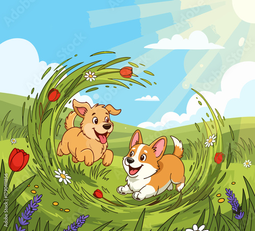 Illustration of two cute and adorable dogs playing happily in a flower-filled garden