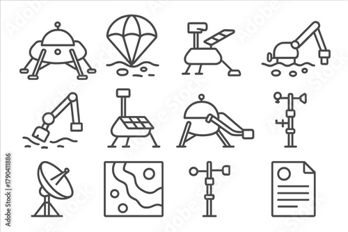 Viking Missions Icons. Line style icons of Viking Missions: Viking lander, parachute, Martian surface, soil sampler; camera mast,