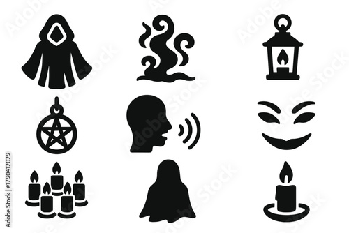 Mystical Tarot Icons. Solid style icons of mystical tarot ambiance: Flowing Robe, Smoky Room, Dim Lantern, Star Pendant,