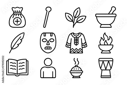 Traditional Healer Icons. Line style icons of Traditional Healers: medicine pouch, walking staff, herbal leaves, mortar and pestle
