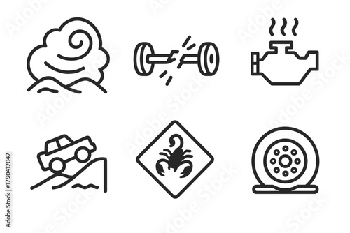 Desert Hazard Icons. Line style icons of desert hazards: sandstorm icon, broken axle, flat tire, overheating engine, dune drop,
