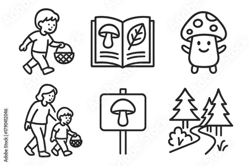 Children's Foraging Adventure. Line style icons of Children’s Foraging Education: child with basket, illustrated field guide,