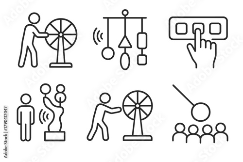 Interactive Kinetic Icons. Line style icons of Interactive Kinetic Installations: viewer-activated wheel, sound-reactive mobile,