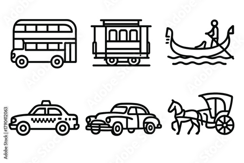Iconic Vintage Transport. Line style icons of Iconic Global Vintage Transport: London double-decker, San Francisco cable car,