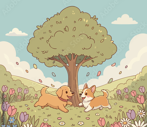 Illustration of two cute and adorable dogs playing happily in a flower-filled garden