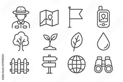 Conservation Icons Set. Line style icons of Conservation Practices: Ranger, Map, Flag, GPS; Tree, Sapling, Leaf, Water Drop; Fence
