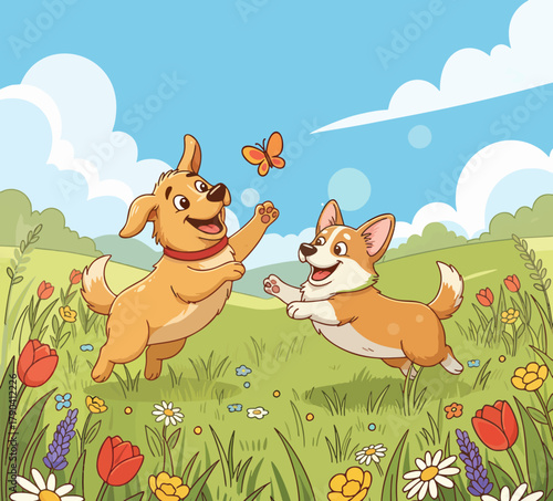 Illustration of two cute and adorable dogs playing happily in a flower-filled garden