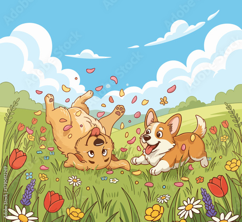 Illustration of two cute and adorable dogs playing happily in a flower-filled garden
