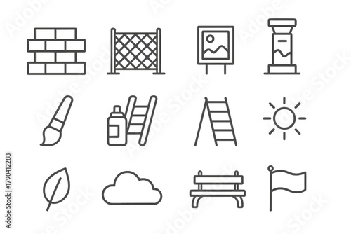 Urban Art Icons. Line style icons of Urban Art Spaces: Wall, Fence, Gallery, Pedestal; Brush, Spray Can, Ladder, Sun; Leaf, Cloud,