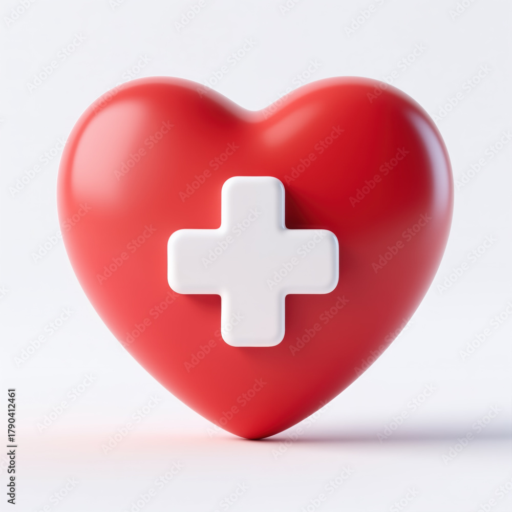 Obraz premium Smooth, shiny red heart with white medical cross, symbolizing health, care, and medical aid, on a clean white background.