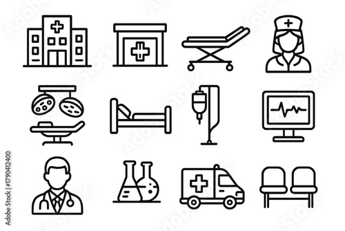 Healthcare Icons Set. Line style icons of Hospitals and Clinics: hospital building, emergency entrance, stretcher, nurse; surgery