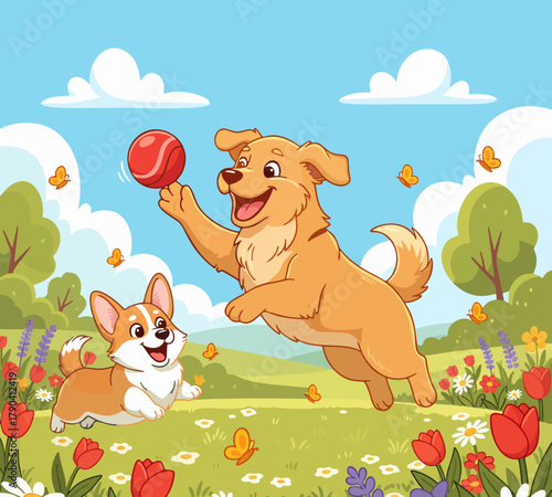 Illustration of two cute and adorable dogs playing happily in a flower-filled garden