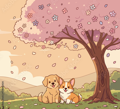 Illustration of two cute and adorable dogs playing happily in a flower-filled garden
