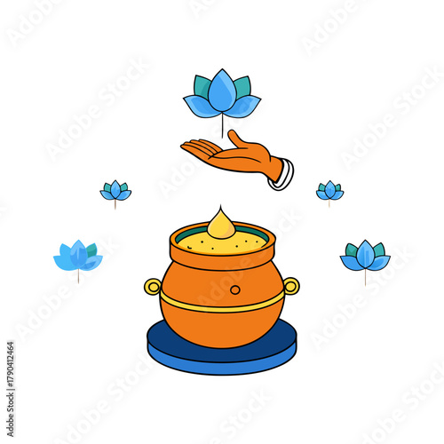 Divine offering of ghee from hand to pot with lotus flowers isolated on white background