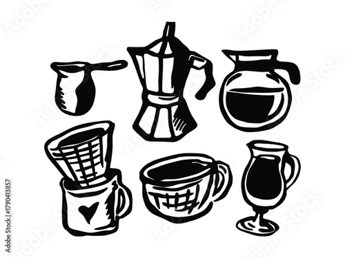 Hand-Drawn Coffee Tools Vector Set. Espresso, Moka Pot, and Coffee Cups