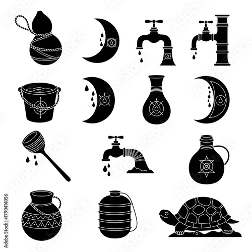 Mystical Moon and Water Utility Icon Set – Black Vector Pack Featuring Crescent Moons, Taps, Jars, Buckets and Magic Symbols

