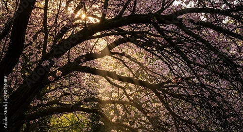 Sunlight filtering through bare tree branches in a park.