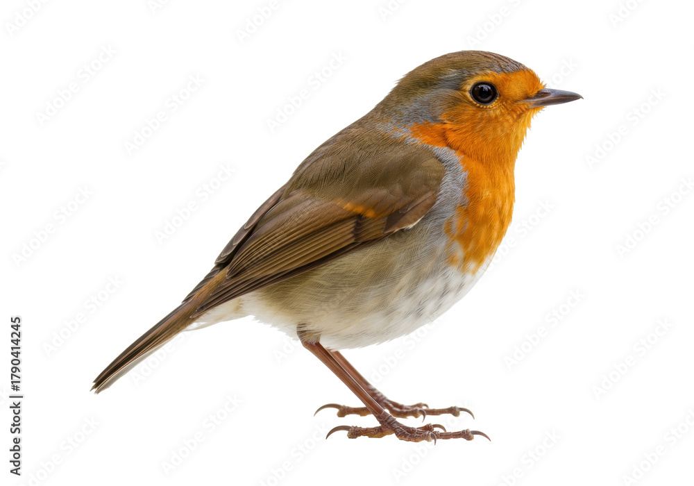 Fototapeta premium Isolated European Robin perching, a common, familiar bird with bright orange red breast