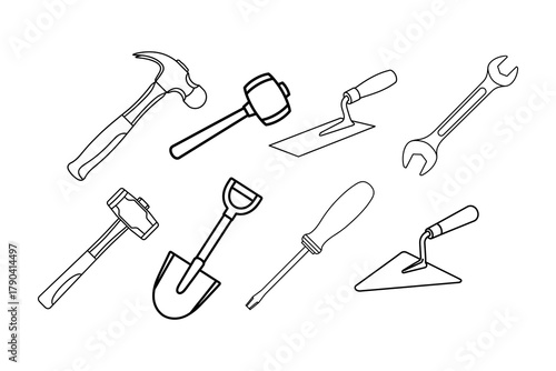 Line art illustration featuring a collection of construction tools including hammers, trowels, a shovel, a mallet, a wrench, and a screwdriver.