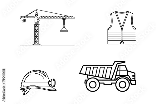 Line art illustration featuring a construction crane, safety vest, hard hat with light, and a dump truck.