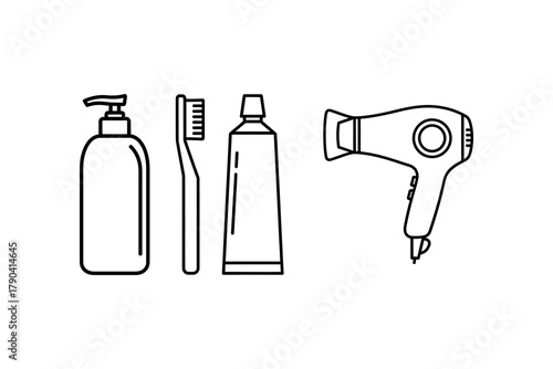 Line art illustration of personal care items: lotion bottle, toothbrush, toothpaste tube, and hair dryer, arranged side-by-side.