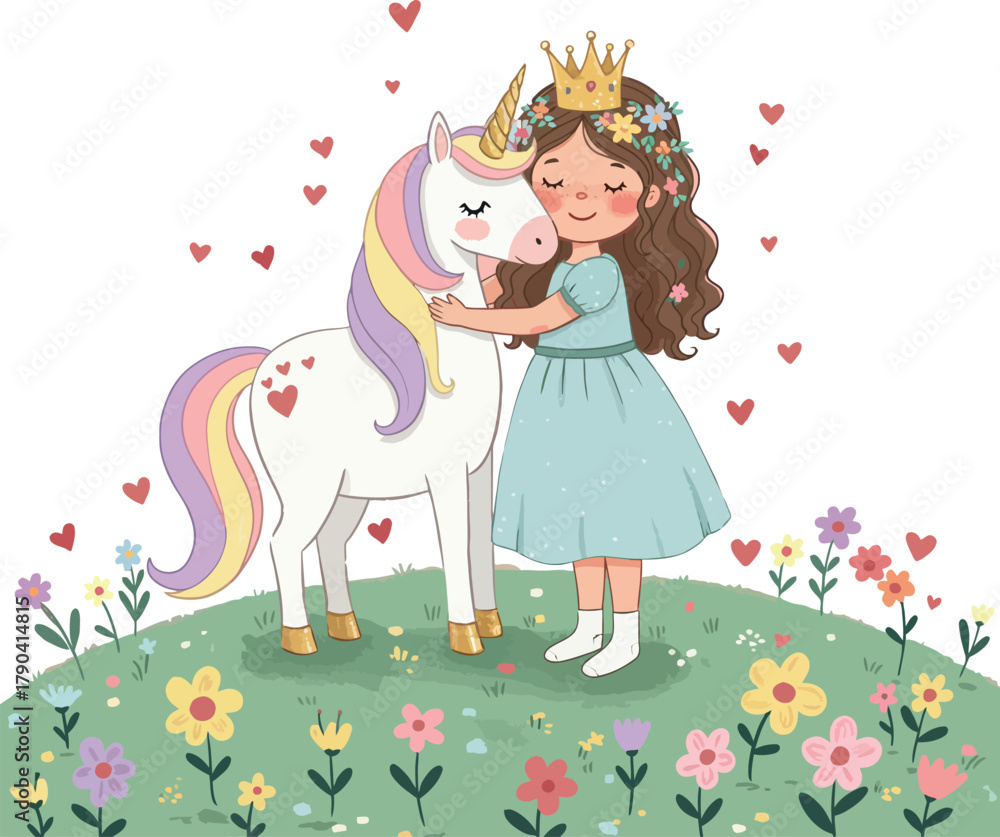 Fototapeta premium Princess hugs unicorn in a meadow with flowers