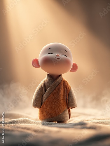 Cute cartoon monk child with shaved head and happy smiling face serene
