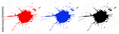 Vector splashes, blots and stains. Red, blue and black ink drops and drips in flat minimal style. Perfect for creative artwork, backgrounds, graphic design projects.