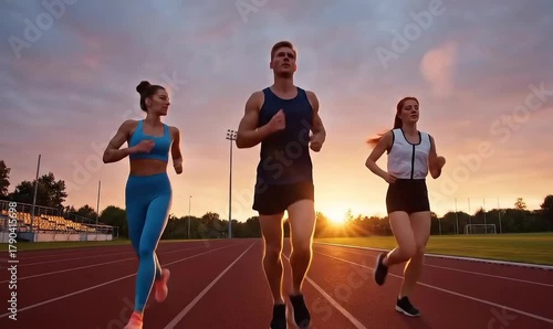 Three athletes running on a track during a vibrant sunset training session