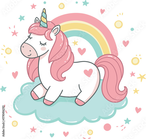 Cute unicorn with rainbow and stars on cloud