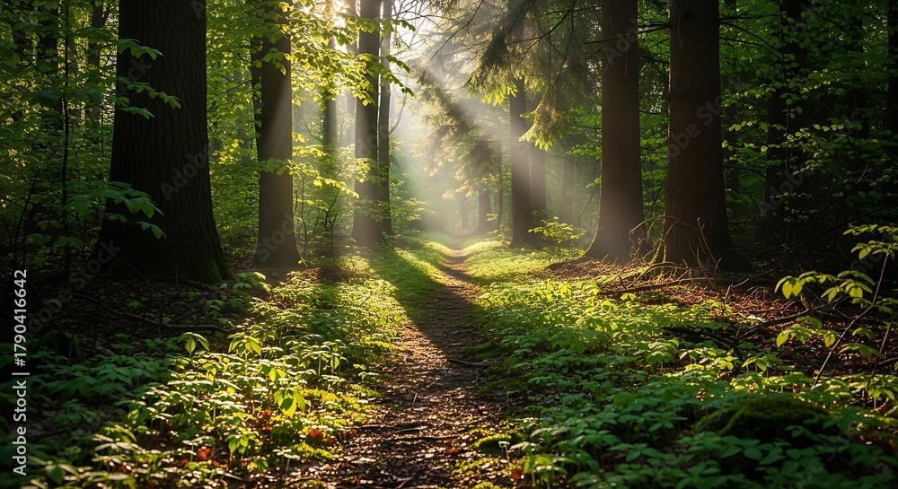 Obraz premium Sunlight Rays Through Forest Trees Path.