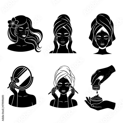Silhouette Spa Treatment Vector Collection – Women in Towels, Facial Mask, Hair Wraps and Serum Application Scenes

